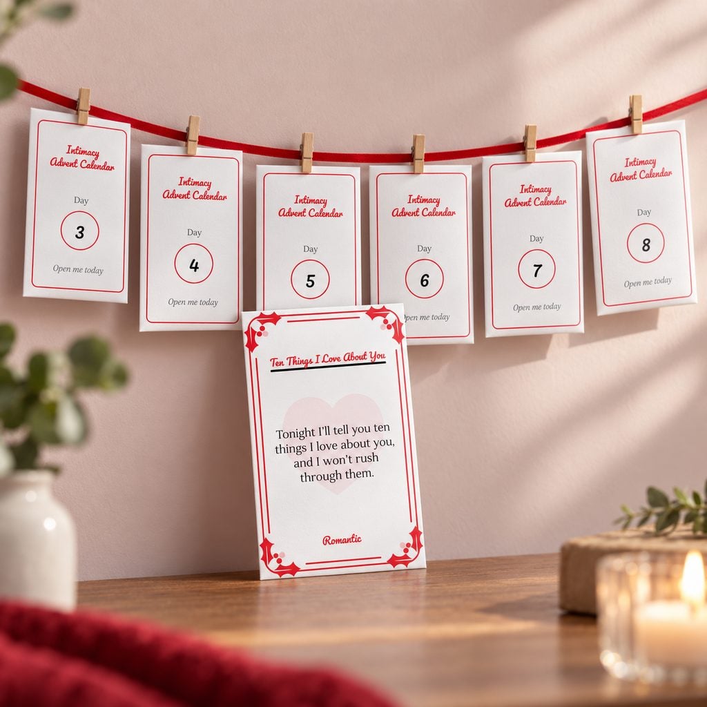 Intimacy Advent Calendar envelopes for days 3 to 8 hanging from a red ribbon, with a Romantic card in front