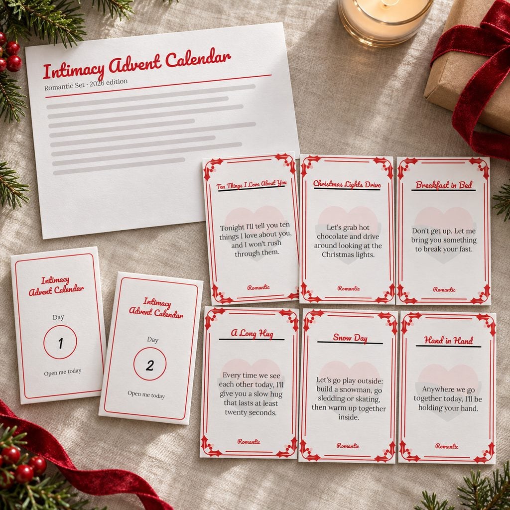 What is inside the Intimacy Advent Calendar: instructions, six Romantic Set cards and two day envelopes