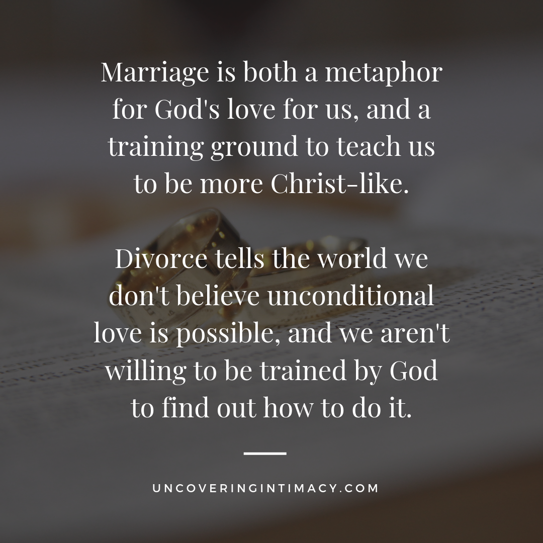 Marriage is both a metaphor for God's love for us, and a training ground to teach us to be more Christ-like. Divorce tells the world we don't believe unconditional love is possible, and we aren't willing to be trained by God to find out how to do it.
