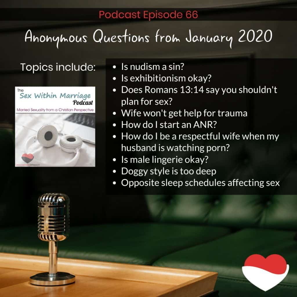 Topic include:
Is nudism a sin?
Is exhibitionism okay?
Does Romans 13:14 say you shouldn't plan for sex?
Wife won't get help for trauma
How do I start an ANR?
How do I be a respectful wife when my husband is watching porn?
Is male lingerie okay?
Doggy style is too deep
Opposite sleep schedules affecting sex