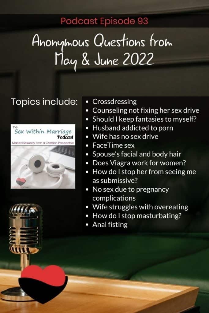 Topics include:
Crossdressing
Counseling not fixing her sex drive
Should I keep fantasies to myself?
Husband addicted to porn
Wife has no sex drive
FaceTime sex
Spouse's facial and body hair
Does Viagra work for women?
How do I stop her from seeing me as submissive?
No sex due to pregnancy complications
Wife struggles with overeating
How do I stop masturbating?
Anal fisting