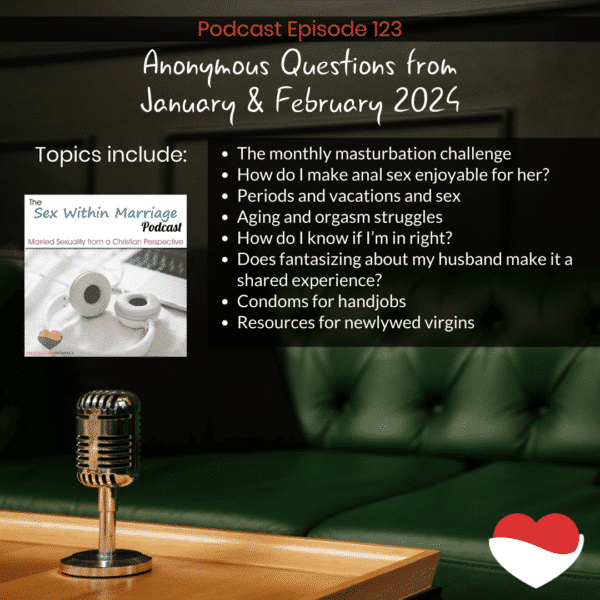 Topics include:
The monthly masturbation challenge
How do I make anal sex enjoyable for her?
Periods and vacations and sex
Aging and orgasm struggles
How do I know if I’m in right?
Does fantasizing about my husband make it a shared experience?
Condoms for handjobs
Resources for newlywed virgins