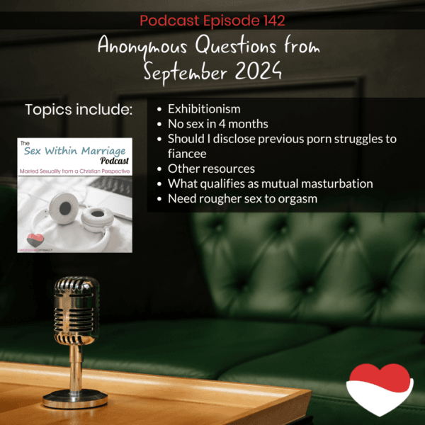 Topics include:
Exhibitionism
No sex in 4 months
Should I disclose previous porn struggles to fiancee
Other resources
What qualifies as mutual masturbation
Need rougher sex to orgasm