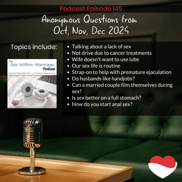 Topics include: 
Talking about a lack of sex
Not drive due to cancer treatments
Wife doesn't want to use lube
Our sex life is routine
Strap-on to help with premature ejaculation
Do husbands like handjobs?
Can a married couple film themselves during sex?
Is sex better on a full stomach?
How do you start anal sex?