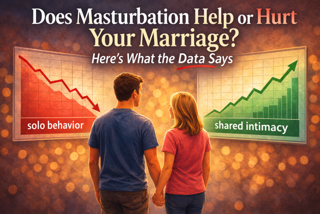 Illustration of a married couple holding hands while looking at two charts comparing solo behavior decreasing and shared intimacy increasing, with the headline “Does Masturbation Help or Hurt Your Marriage? Here’s What the Data Says.”