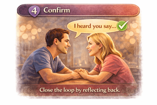 Husband and wife leaning toward each other and holding hands after reflecting on each other’s words, symbolizing mutual understanding and connection.