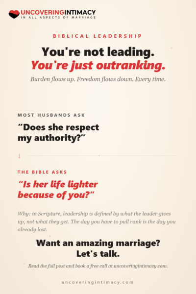Biblical leadership in marriage: you're not leading, you're just outranking. Burden flows up, freedom flows down.