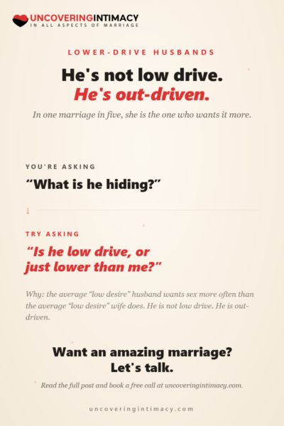 He is not low drive, he is out-driven. In one marriage in five the wife wants sex more often.